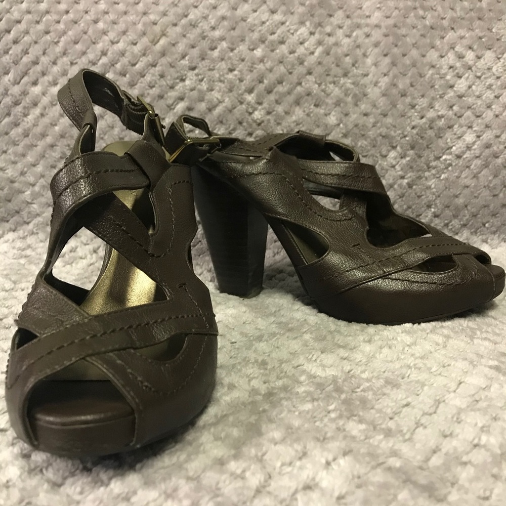 Brown Open Toe Leather Heels